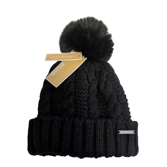 Michael Kors Cable Knit Beanie With Faux Fur Pom Black - Picture 1 of 8